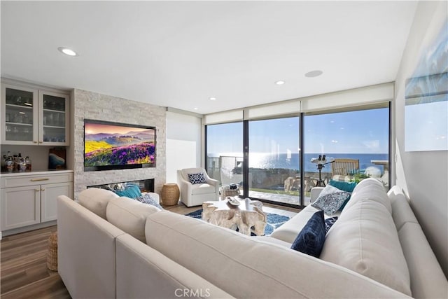 335 W I St, Encinitas, CA 92024 - living area with wood finished floors, expansive windows, bar area, and recessed lighting