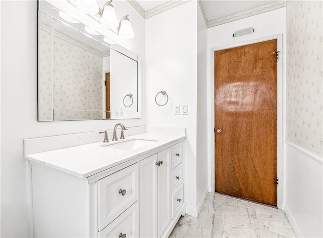 6116 Choctaw Dr, Westminster, CA 92683 - bathroom with marble finish floors, vanity, and wallpapered walls