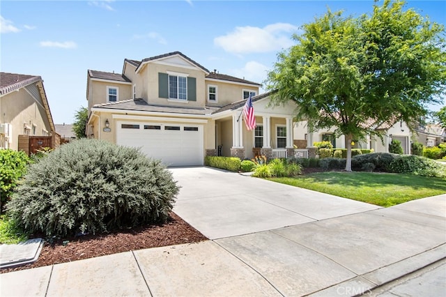 29443 Moorings Ct, Menifee, CA 92585 - view of front of property with stucco siding, a garage, concrete driveway, a front lawn, and covered porch