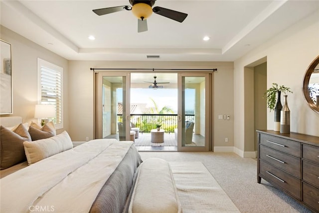 2282 E Rosecrans Ct, Brea, CA 92821 - bedroom featuring access to exterior, a tray ceiling, light carpet, and a ceiling fan
