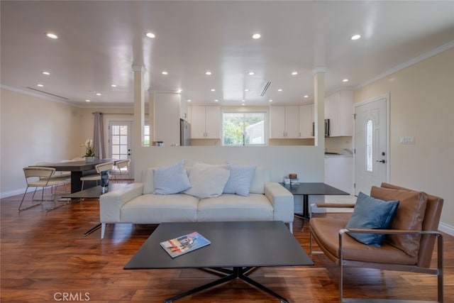1741 Wabasso Way, Glendale, CA 91208 - living area featuring crown molding, recessed lighting, wood finished floors, and ornate columns