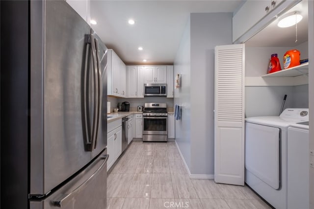 1741 Wabasso Way, Glendale, CA 91208 - kitchen with stainless steel appliances, separate washer and dryer, light countertops, white cabinets, and recessed lighting