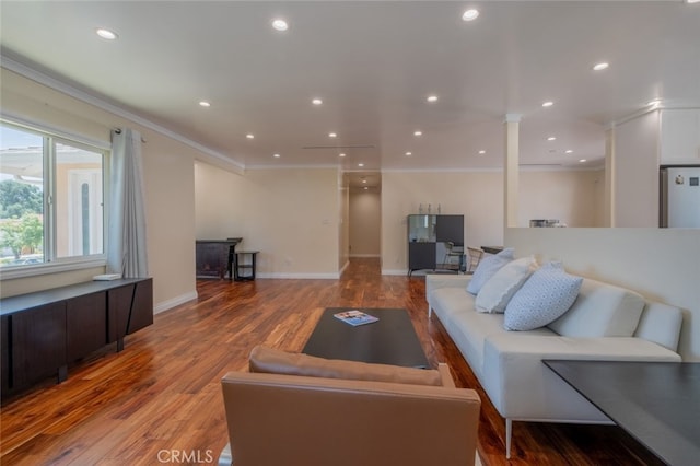 1741 Wabasso Way, Glendale, CA 91208 - living room with ornamental molding, wood finished floors, recessed lighting, and ornate columns