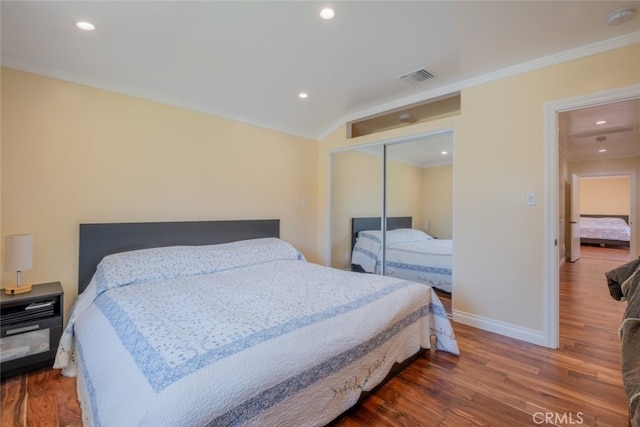 1741 Wabasso Way, Glendale, CA 91208 - bedroom featuring ornamental molding, dark wood-type flooring, a closet, and recessed lighting