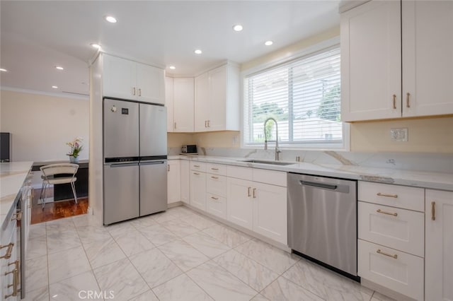 1741 Wabasso Way, Glendale, CA 91208 - kitchen featuring stainless steel appliances, white cabinets, light stone counters, recessed lighting, and light marble finish flooring