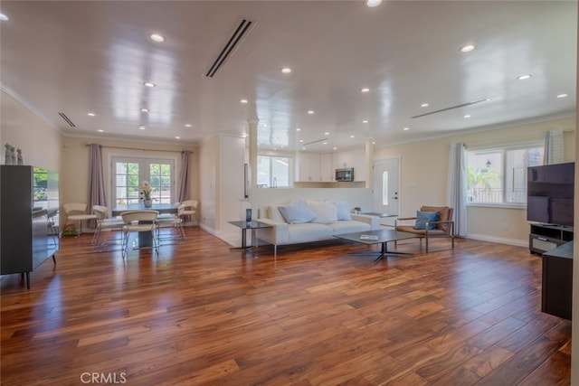 1741 Wabasso Way, Glendale, CA 91208 - living room featuring ornamental molding, wood finished floors, french doors, and recessed lighting