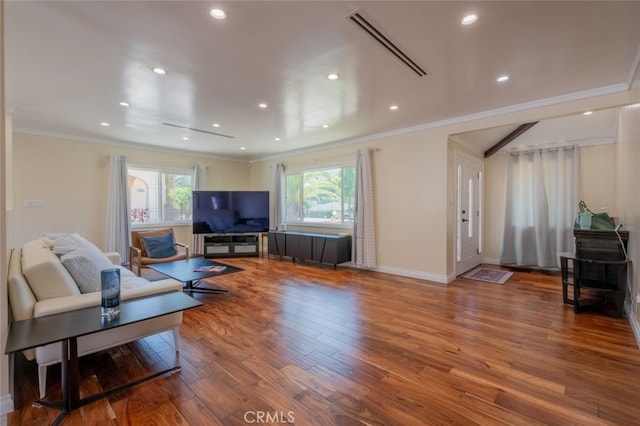 1741 Wabasso Way, Glendale, CA 91208 - living room featuring wood finished floors, recessed lighting, and ornamental molding