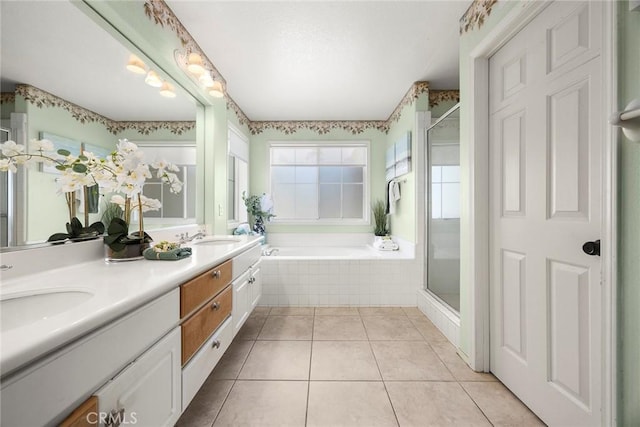 1320 Canterbury Ln, Fullerton, CA 92831 - full bathroom with a bath, double vanity, a shower stall, and tile patterned flooring