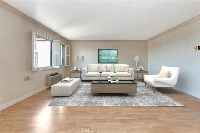 4001 Calle Sonora Unit 3E, Laguna Woods, CA 92637 - living room with crown molding, wood finished floors, and a wall unit AC