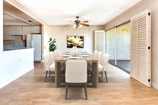 4001 Calle Sonora Unit 3E, Laguna Woods, CA 92637 - dining space featuring a ceiling fan, ornamental molding, and light wood finished floors