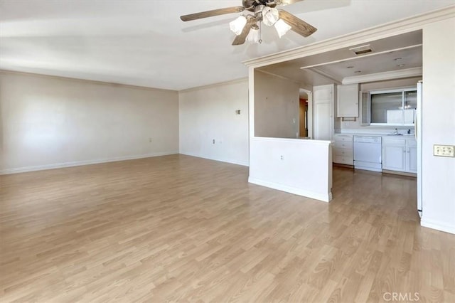 4001 Calle Sonora Unit 3E, Laguna Woods, CA 92637 - unfurnished living room with crown molding, light wood-style flooring, and ceiling fan