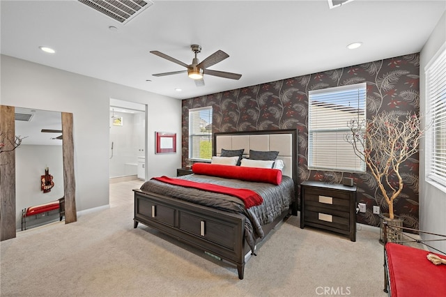 3372 Ivy Way, Rancho Mission Viejo, CA 92694 - carpeted bedroom with wallpapered walls, recessed lighting, ensuite bath, and ceiling fan