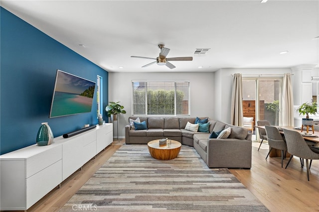 3372 Ivy Way, Rancho Mission Viejo, CA 92694 - living room featuring a ceiling fan, light wood-style flooring, and recessed lighting