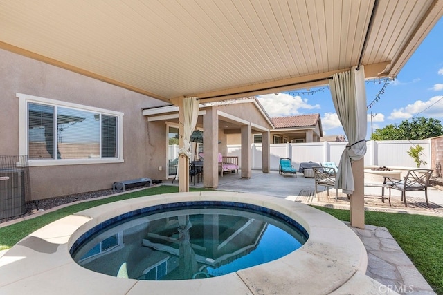 29306 St Andrews, Lake Elsinore, CA 92530 - view of swimming pool with a patio area, a fenced backyard, an in-ground hot tub, a pool, and outdoor dining area
