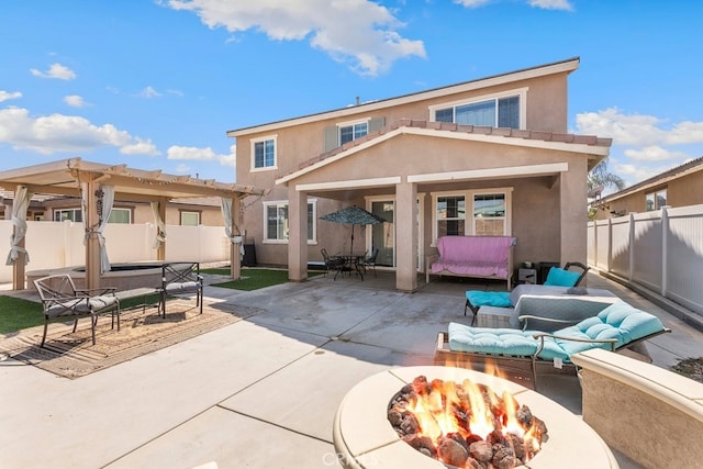 29306 St Andrews, Lake Elsinore, CA 92530 - back of house featuring an outdoor living space with a fire pit, stucco siding, a patio, a fenced backyard, and a pergola