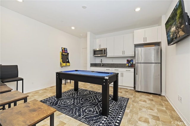 27240 Lost Palm St, Menifee, CA 92585 - recreation room featuring stone finish floors, billiards, and recessed lighting