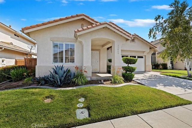 31042 Bunker Dr, Temecula, CA 92591 - mediterranean / spanish home featuring stucco siding, an attached garage, concrete driveway, and a tiled roof