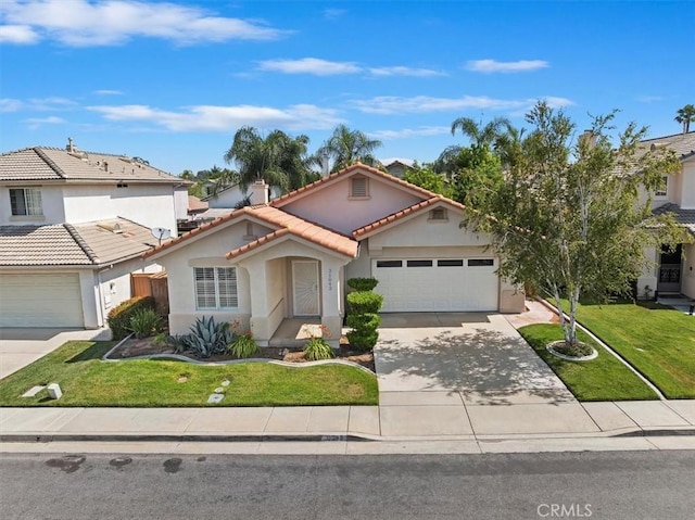 31042 Bunker Dr, Temecula, CA 92591 - mediterranean / spanish house with concrete driveway, stucco siding, an attached garage, a front yard, and a tile roof