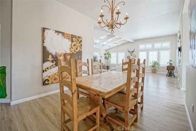 1001 Gibralter Rd, Landers, CA 92285 - dining room with light wood finished floors, vaulted ceiling, and a chandelier