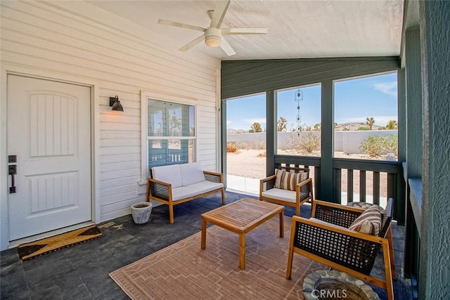 1001 Gibralter Rd, Landers, CA 92285 - sunroom / solarium featuring ceiling fan, lofted ceiling, and outdoor lounge area