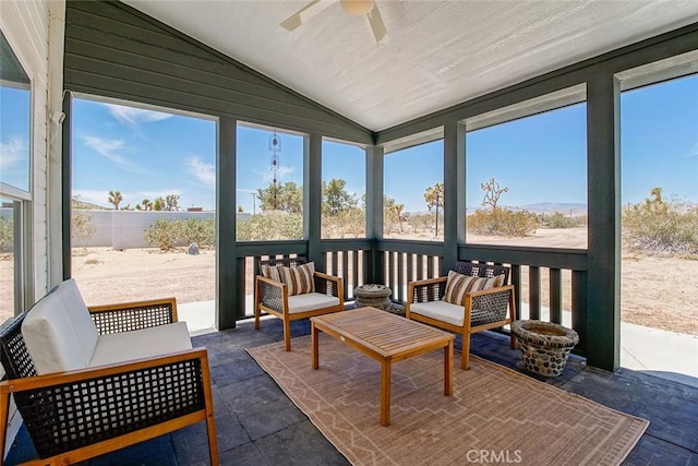 1001 Gibralter Rd, Landers, CA 92285 - sunroom with plenty of natural light, a ceiling fan, vaulted ceiling, and an outdoor living space