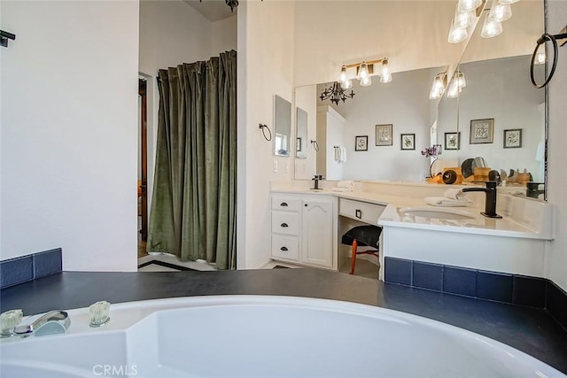 1001 Gibralter Rd, Landers, CA 92285 - bathroom with a bathtub, double vanity, and a shower with curtain
