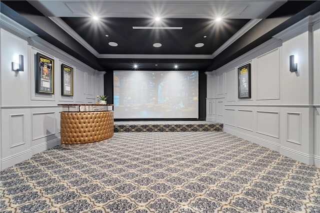 17528 Jayden Ln, Encino, CA 91316 - carpeted home theater room featuring a decorative wall, crown molding, and recessed lighting