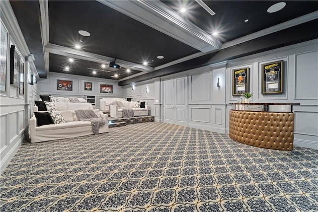 17528 Jayden Ln, Encino, CA 91316 - carpeted home theater featuring a decorative wall, crown molding, and recessed lighting
