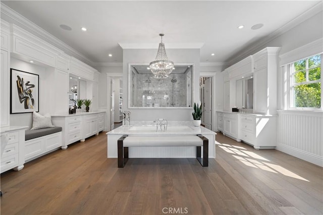 17528 Jayden Ln, Encino, CA 91316 - bedroom with dark wood-style flooring, ornamental molding, a chandelier, and recessed lighting