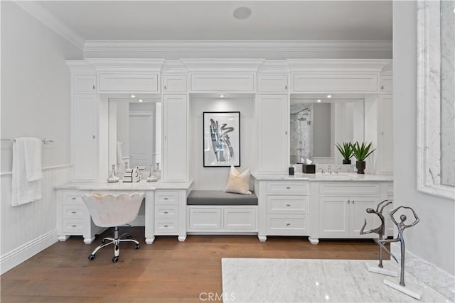 17528 Jayden Ln, Encino, CA 91316 - full bathroom with vanity, crown molding, wood finished floors, and a shower