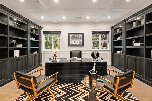 17528 Jayden Ln, Encino, CA 91316 - office featuring recessed lighting, beam ceiling, coffered ceiling, and light wood-type flooring