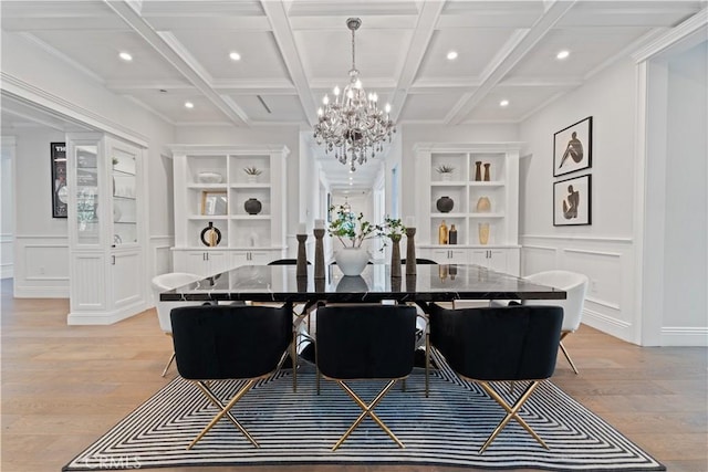 17528 Jayden Ln, Encino, CA 91316 - dining space with a chandelier, light wood-style floors, recessed lighting, beam ceiling, and coffered ceiling
