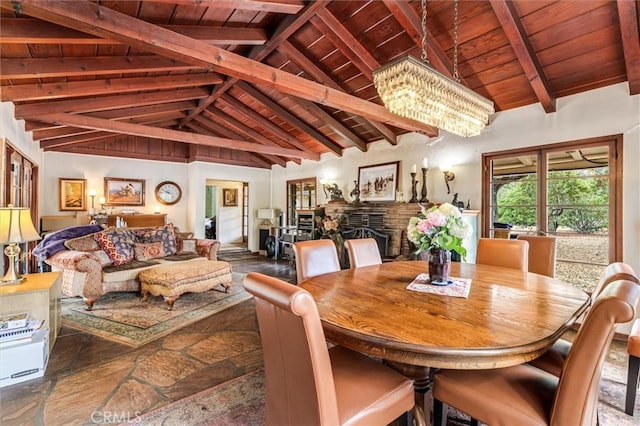 5729 Grandview Ave, Yorba Linda, CA 92886 - dining space with a wood ceiling with exposed beams, stone tile flooring, a chandelier, a fireplace, and high vaulted ceiling