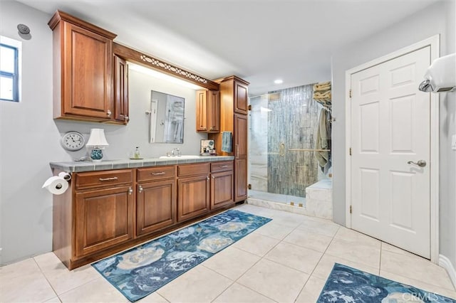 5729 Grandview Ave, Yorba Linda, CA 92886 - bathroom featuring a stall shower, tile patterned flooring, vanity, and recessed lighting