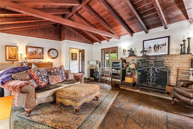 5729 Grandview Ave, Yorba Linda, CA 92886 - living room featuring a stone fireplace, wooden ceiling, and stone finish flooring