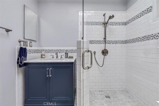 5729 Grandview Ave, Yorba Linda, CA 92886 - full bathroom featuring a stall shower, vanity, tile walls, and wainscoting