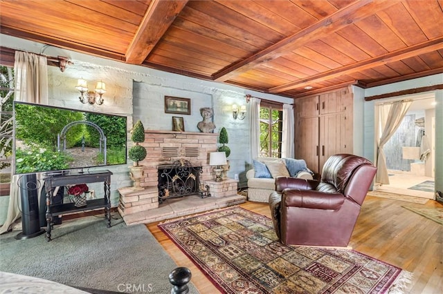 5729 Grandview Ave, Yorba Linda, CA 92886 - living area featuring a wood ceiling with exposed beams, wood finished floors, and a fireplace