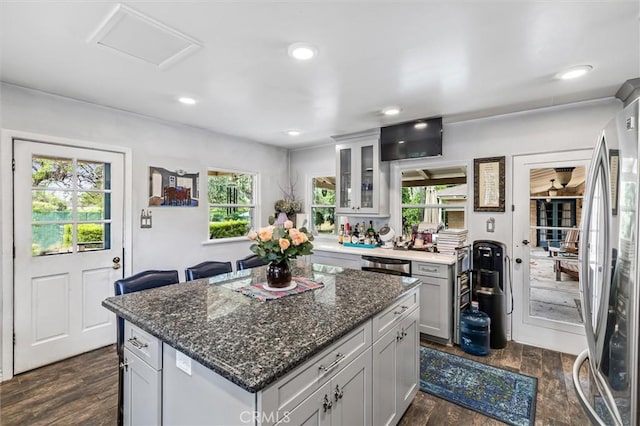 5729 Grandview Ave, Yorba Linda, CA 92886 - kitchen with freestanding refrigerator, healthy amount of natural light, dark wood finished floors, and recessed lighting