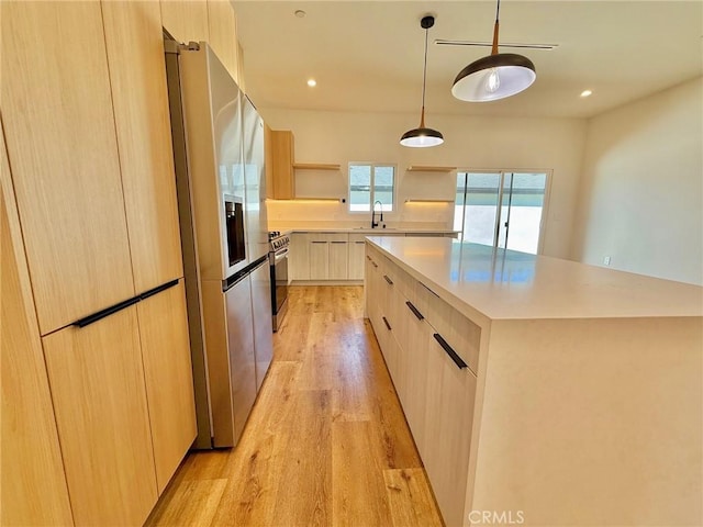 6904 Corbin Ave, Reseda, CA 91335 - kitchen featuring modern cabinets, open shelves, light brown cabinetry, light wood-type flooring, and recessed lighting