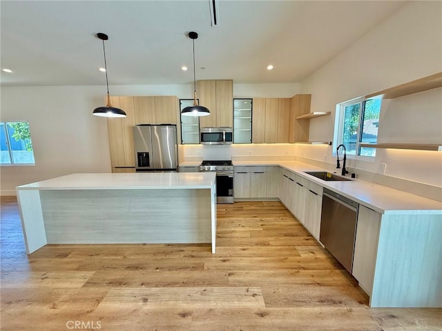 6904 Corbin Ave, Reseda, CA 91335 - kitchen with appliances with stainless steel finishes, modern cabinets, open shelves, light wood finished floors, and recessed lighting