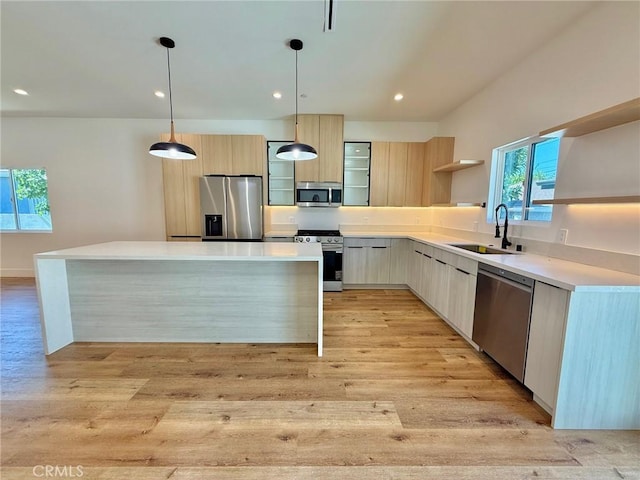6904 Corbin Ave, Reseda, CA 91335 - kitchen featuring appliances with stainless steel finishes, modern cabinets, open shelves, light wood-style flooring, and recessed lighting