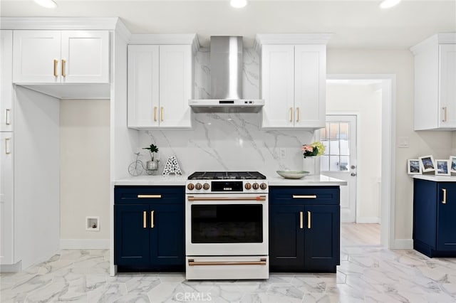 647 Magnolia Ave, Brea, CA 92821 - kitchen with wall chimney exhaust hood, white gas range, blue cabinetry, light marble finish flooring, and recessed lighting