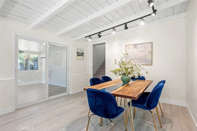 647 Magnolia Ave, Brea, CA 92821 - dining space featuring light wood-type flooring, a wooden ceiling with exposed beams, stairway, and rail lighting