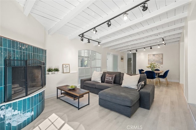 647 Magnolia Ave, Brea, CA 92821 - living room featuring rail lighting, light wood finished floors, and a wooden ceiling with exposed beams