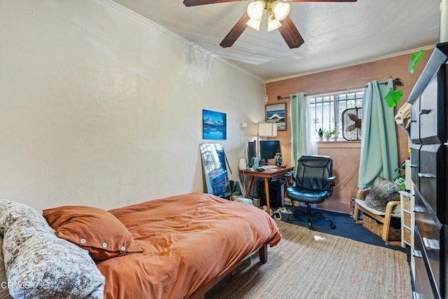 1156 S Alma Ave, Los Angeles, CA 90023 - carpeted bedroom with crown molding and a ceiling fan