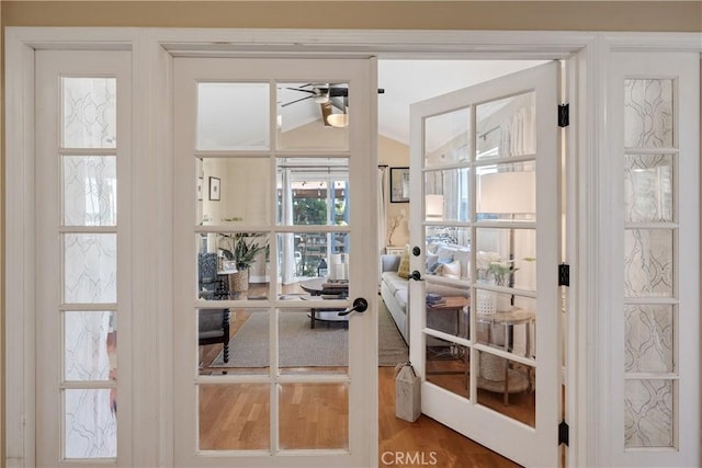 20108 Wayne Ave, Torrance, CA 90503 - entryway featuring ceiling fan, vaulted ceiling, wood finished floors, and french doors