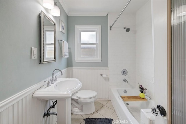 20108 Wayne Ave, Torrance, CA 90503 - bathroom with tile patterned flooring, a wainscoted wall, bathtub / shower combination, and ornamental molding