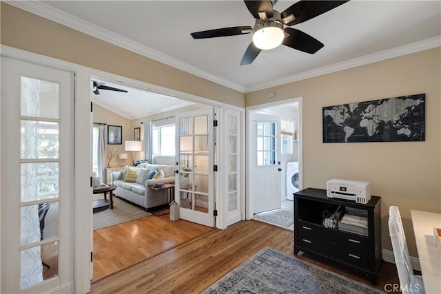 20108 Wayne Ave, Torrance, CA 90503 - living area featuring washer / dryer, a ceiling fan, wood finished floors, ornamental molding, and vaulted ceiling