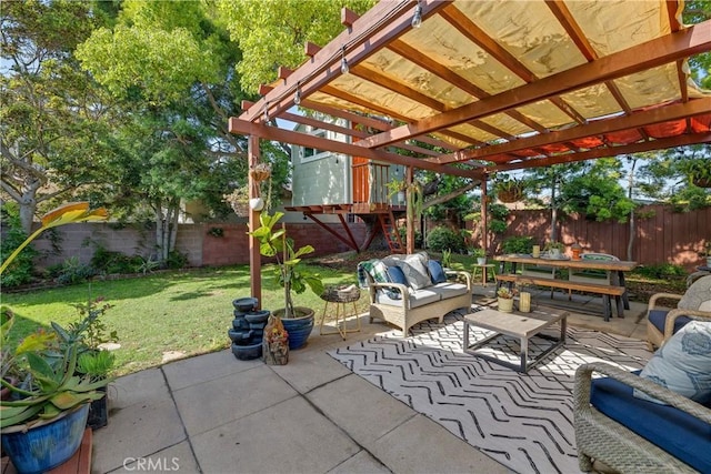 20108 Wayne Ave, Torrance, CA 90503 - fenced backyard featuring an outdoor living space, a patio area, and a pergola
