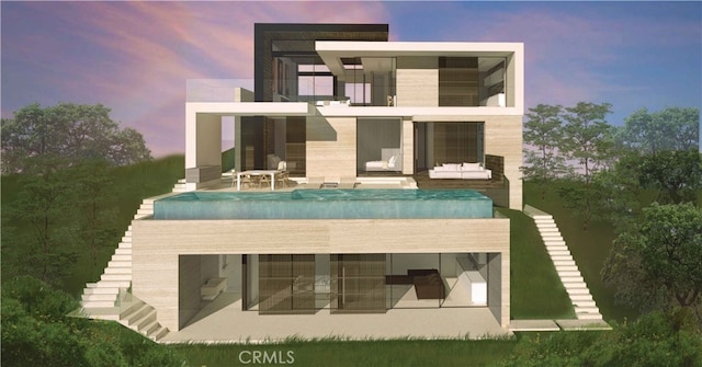 22172 Rico Rd, Laguna Beach, CA 92651 - rear view of house featuring a patio area, a pool, stairway, and a balcony